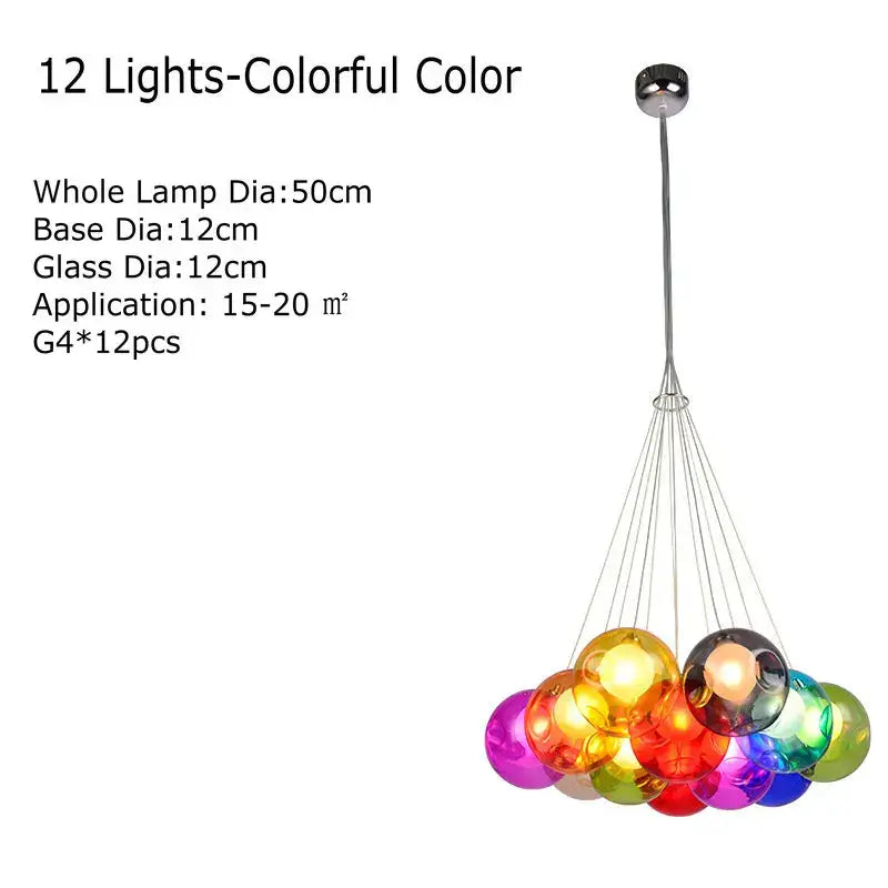 Modern multicolored clear glass chandelier with 12 colorful clear glass spheres by decorbites for living room decor