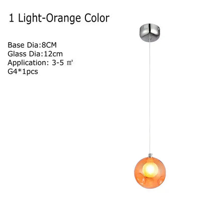Modern multicolored clear glass chandelier featuring a light-orange spherical pendant light with chrome mount and thin cord