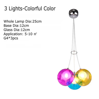 Modern multicolored clear glass chandelier featuring colorful sconces with pink yellow and blue glass globe pendant lights