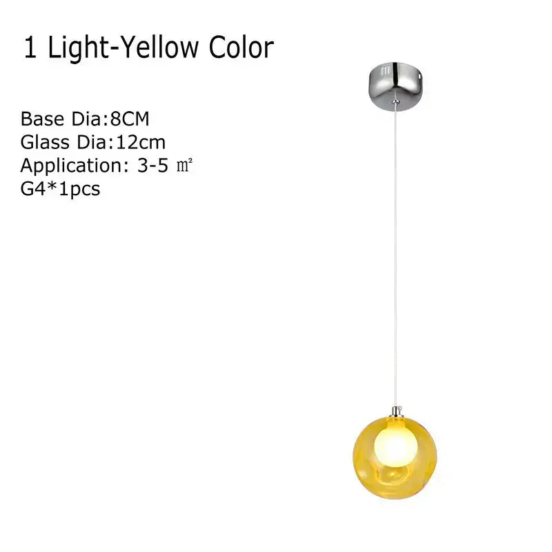 A sleek light-yellow spherical clear glass chandelier pendant lamp with polished chrome mount for modern decorbites lighting
