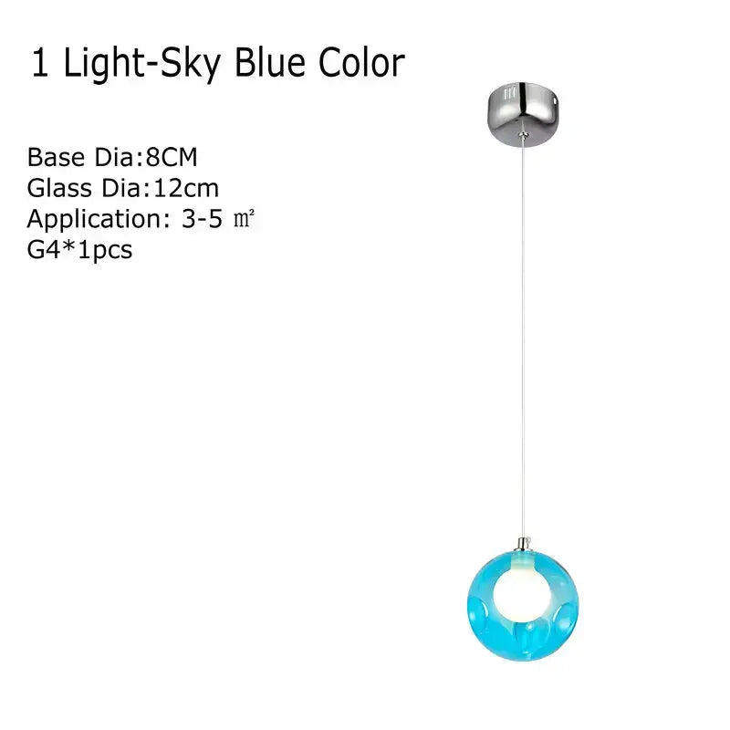 A sleek light-sky blue clear glass chandelier pendant light with modern circular design and chrome ceiling mount