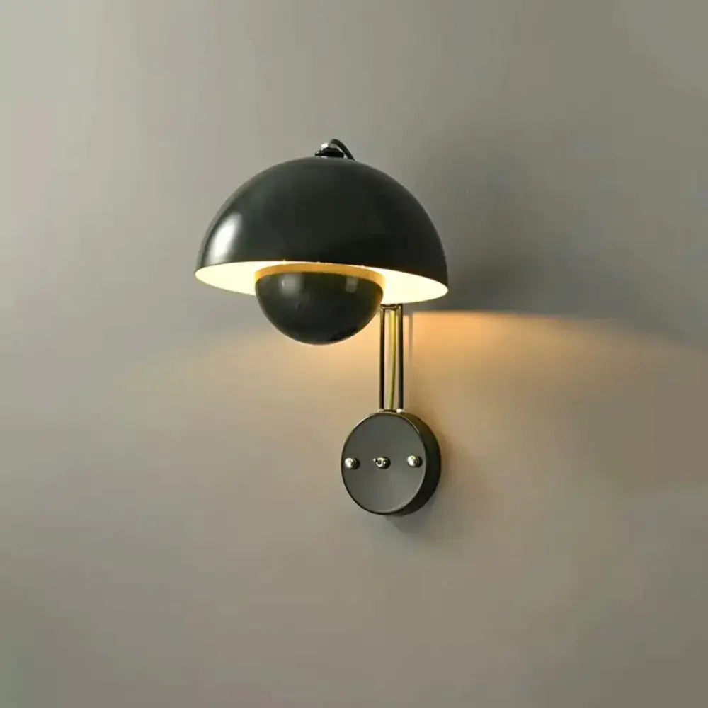 Modern mushroom wall lamp with black matte dome shade and brass base type finish for bedroom lighting