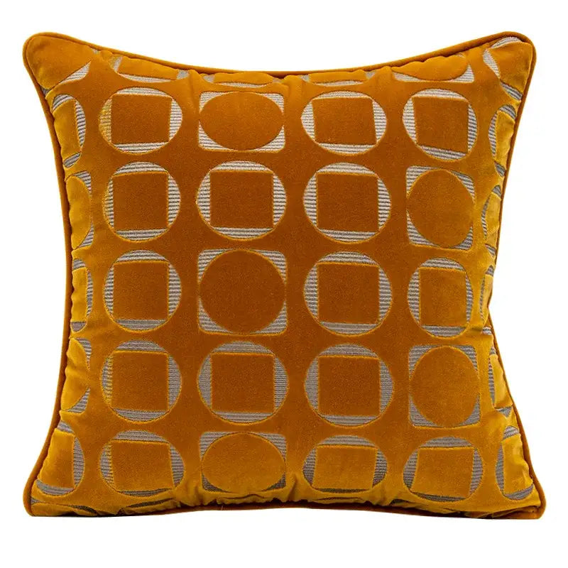 A modern mustard yellow velvet pillow cover with silver striped decorbites geometric jacquard pattern for living room decor