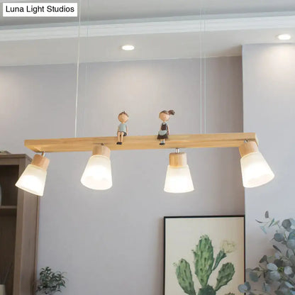 Modern natural wood rectangle island pendant light with four frosted glass shades and small figurine decorations