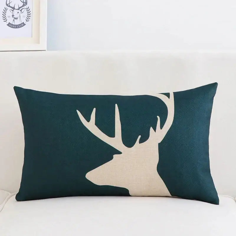 Dark teal pillow cover 30x50cm with cream geometric elk silhouette by decorbites for modern living room decor