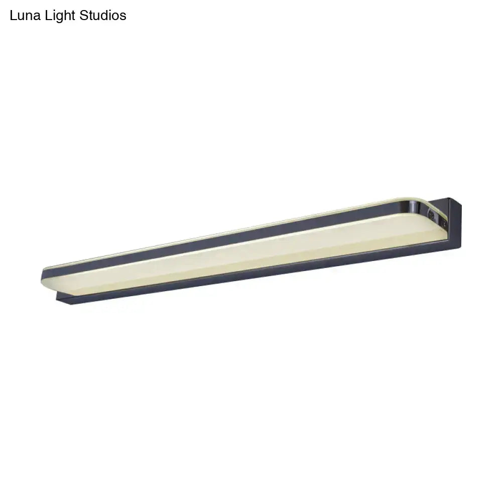 Modern nickel finish led vanity sconce with black frame, elongated design, and frosted glass diffuser for bathroom walls