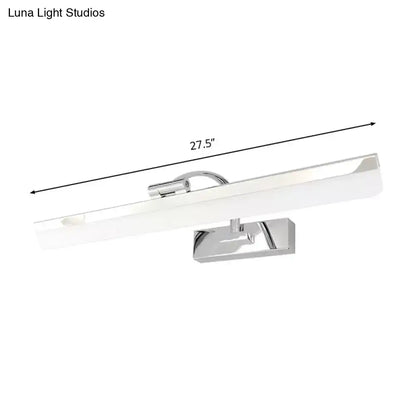 Modern nickel finish rectangular led vanity light with chrome-finished wall mount and frosted diffuser emitting warm white light