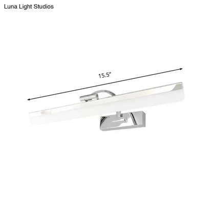 Modern nickel finish rectangular led vanity light with frosted glass diffuser providing warm white light for bathrooms