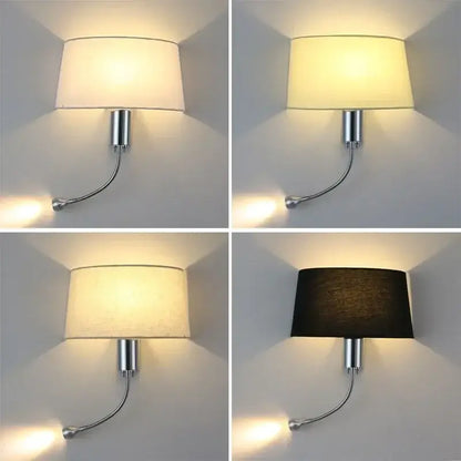 Modern nordic beige elegant fabric wall lamp with sleek chrome flexible arm and off-white or black cylindrical shades