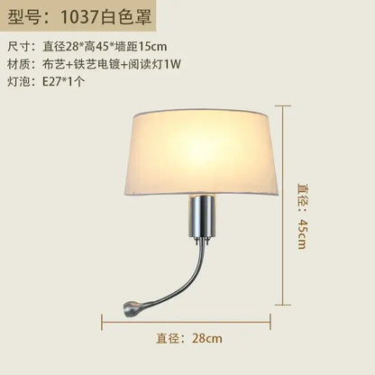 A modern nordic beige elegant fabric wall lamp with white fabric shade and chrome metal base for bedroom reading light
