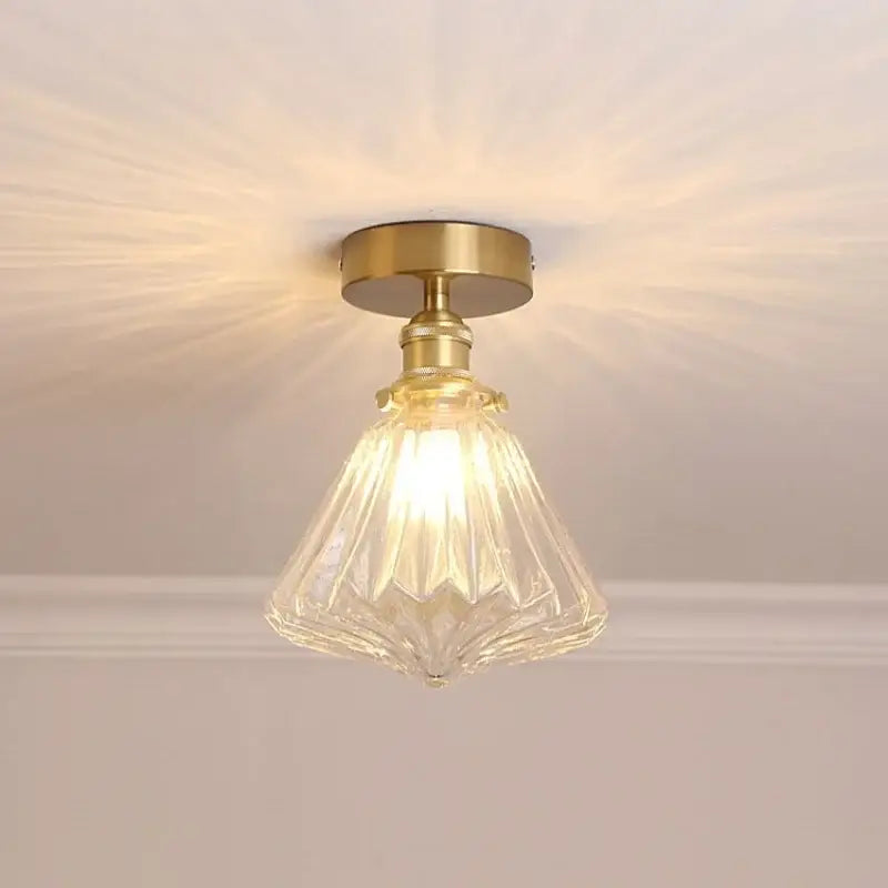 Modern nordic brass and diamond glass led ceiling light with clear faceted glass led ceiling for bedroom illumination