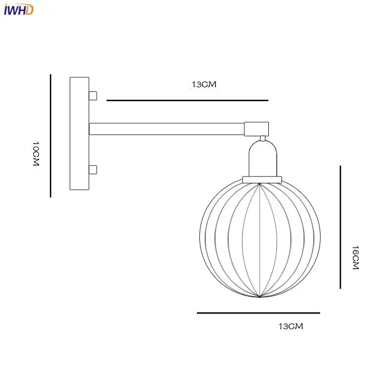 Modern nordic brass and glass ball wall lamp with spherical ribbed glass shade and metallic arm for bedroom decorbites glass ball