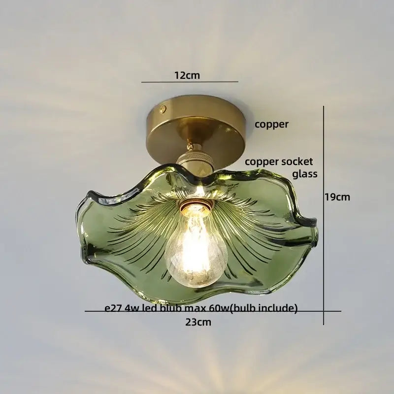 Modern nordic clear green glass ceiling light fixture with copper base and intricate leaf design for bedroom use