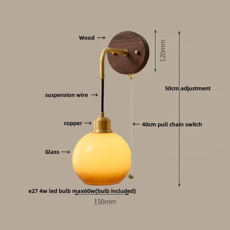Modern nordic copper adjustable led wall light with warm amber glass globe, brass fixture, and wooden wall plate decorbites copper adjustable wall light