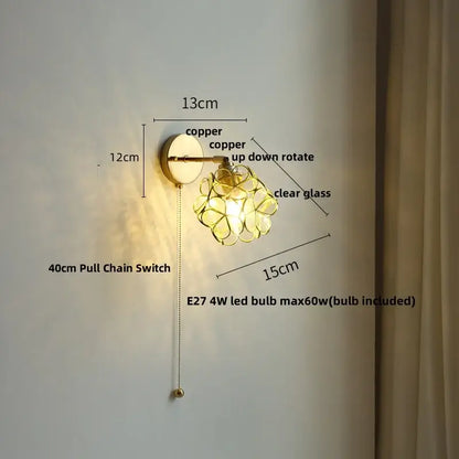 Modern nordic copper wall light with clear glass flower design and e27 4w led bulb for bedroom decorbites copper wall light