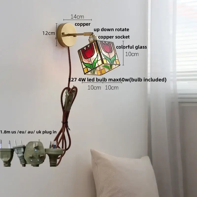 Modern nordic decorbites copper wall light with colorful stained glass cube and red tulip design for bedroom sconce