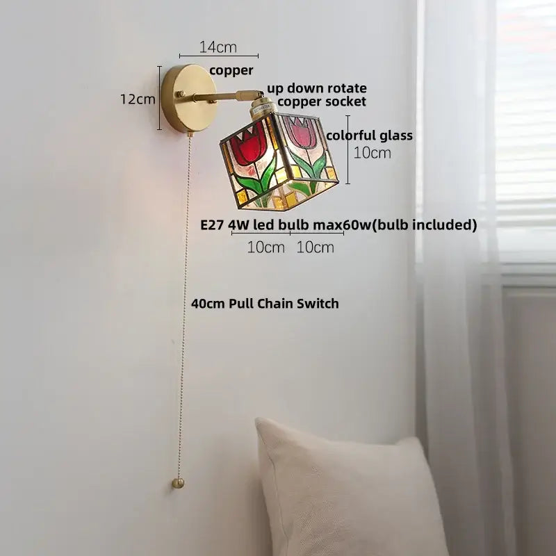 Modern nordic copper wall light with colorful stained glass cube featuring red and pink tulips and pull chain switch