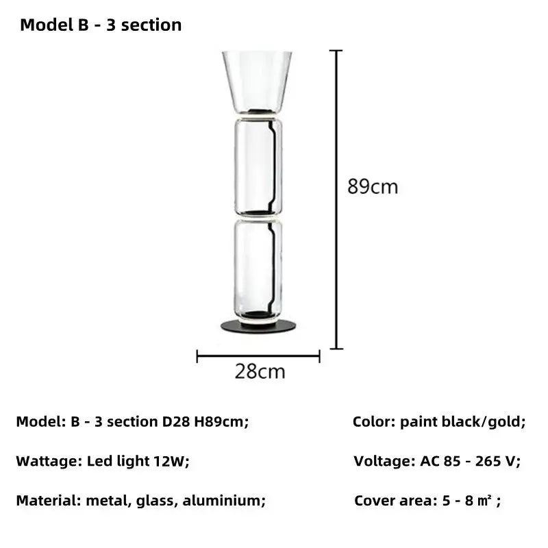 Tall modern nordic floor lamp with three-section glass shade led and sleek black-gold metal finish for living room