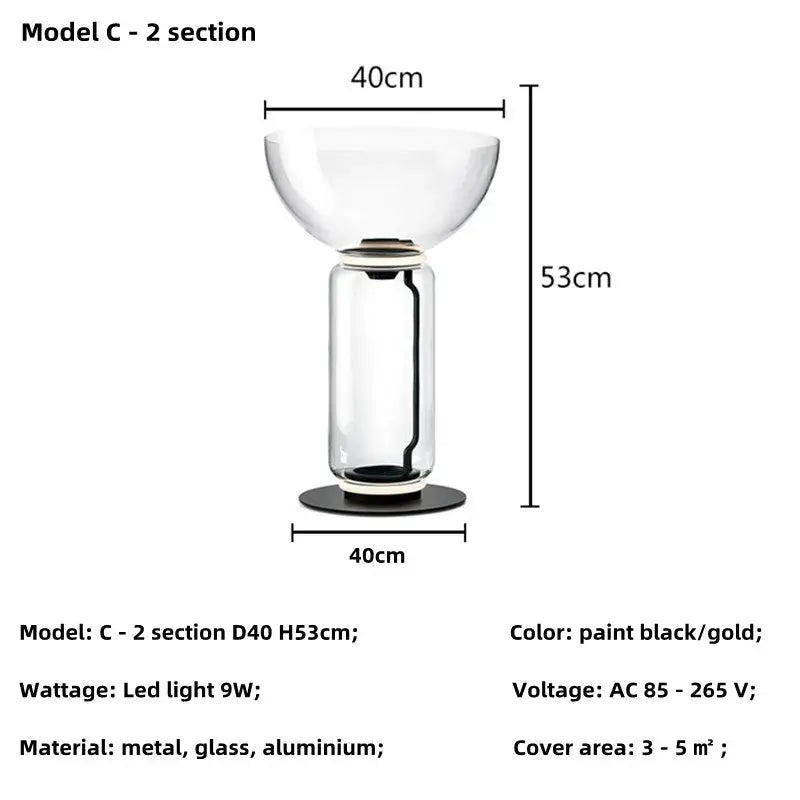 Modern nordic floor lamp with clear glass shade led, black and gold base, cylindrical stem, and wide bowl-shaped top