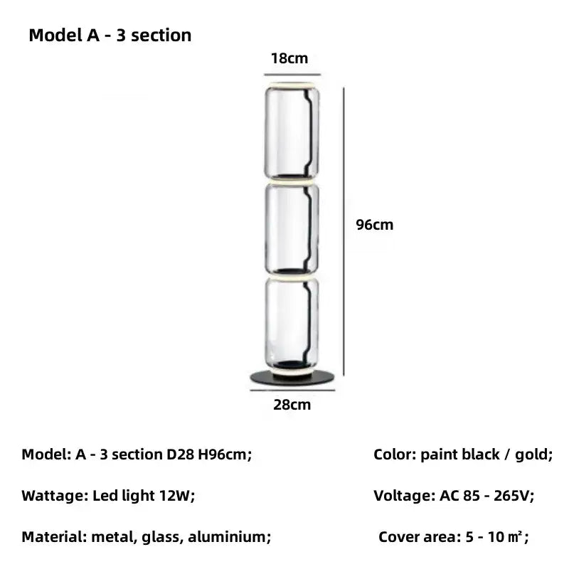 Modern nordic floor lamp with three black gold metal tiers and transparent glass shade led cylinders for living room