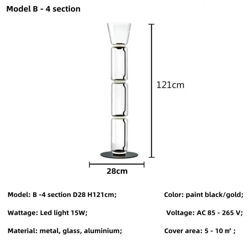 Tall modern floor lamp with black and gold stacked glass shade led sections for living room lighting