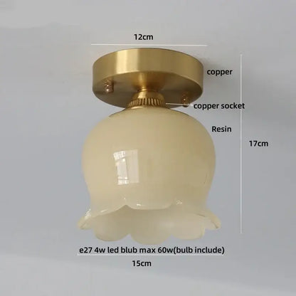 Modern nordic flower led ceiling light with brass copper base and off-white resin scalloped lampshade for bedroom