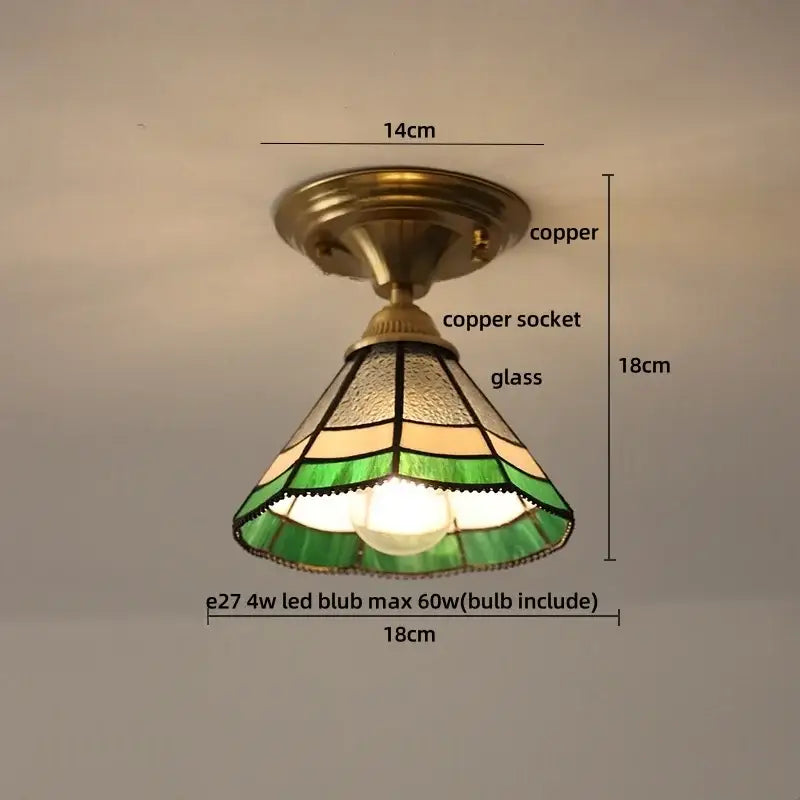 Modern nordic glass flower led ceiling light with copper base and layered green beige stained glass panels for bedroom