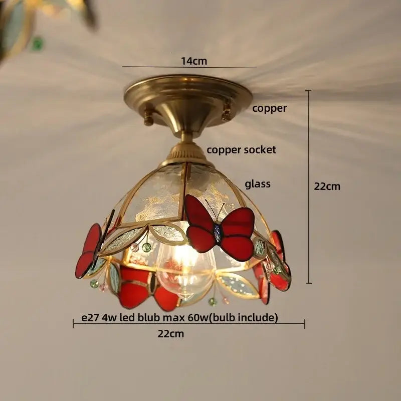 Modern nordic gold glass flower led ceiling lights featuring copper and red stained-glass butterfly motifs