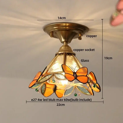 Modern nordic gold glass flower led ceiling light with decorative stained-glass butterflies in orange yellow and green hues