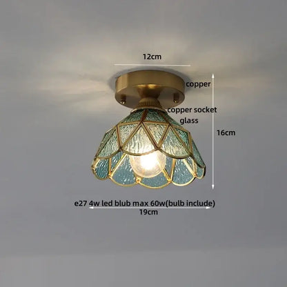 Modern nordic glass flower led ceiling lights with copper base and teal stained glass shade for bedroom lighting
