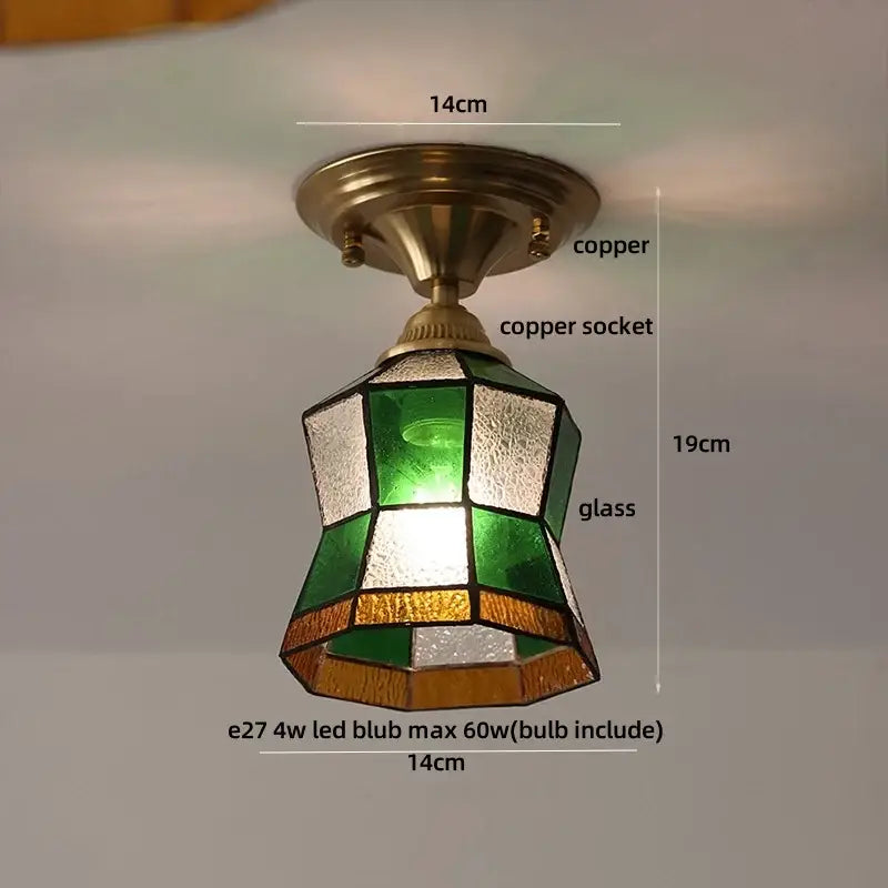 Green and white stained glass flower led pendant light with copper hardware for modern nordic bedroom ceiling lights