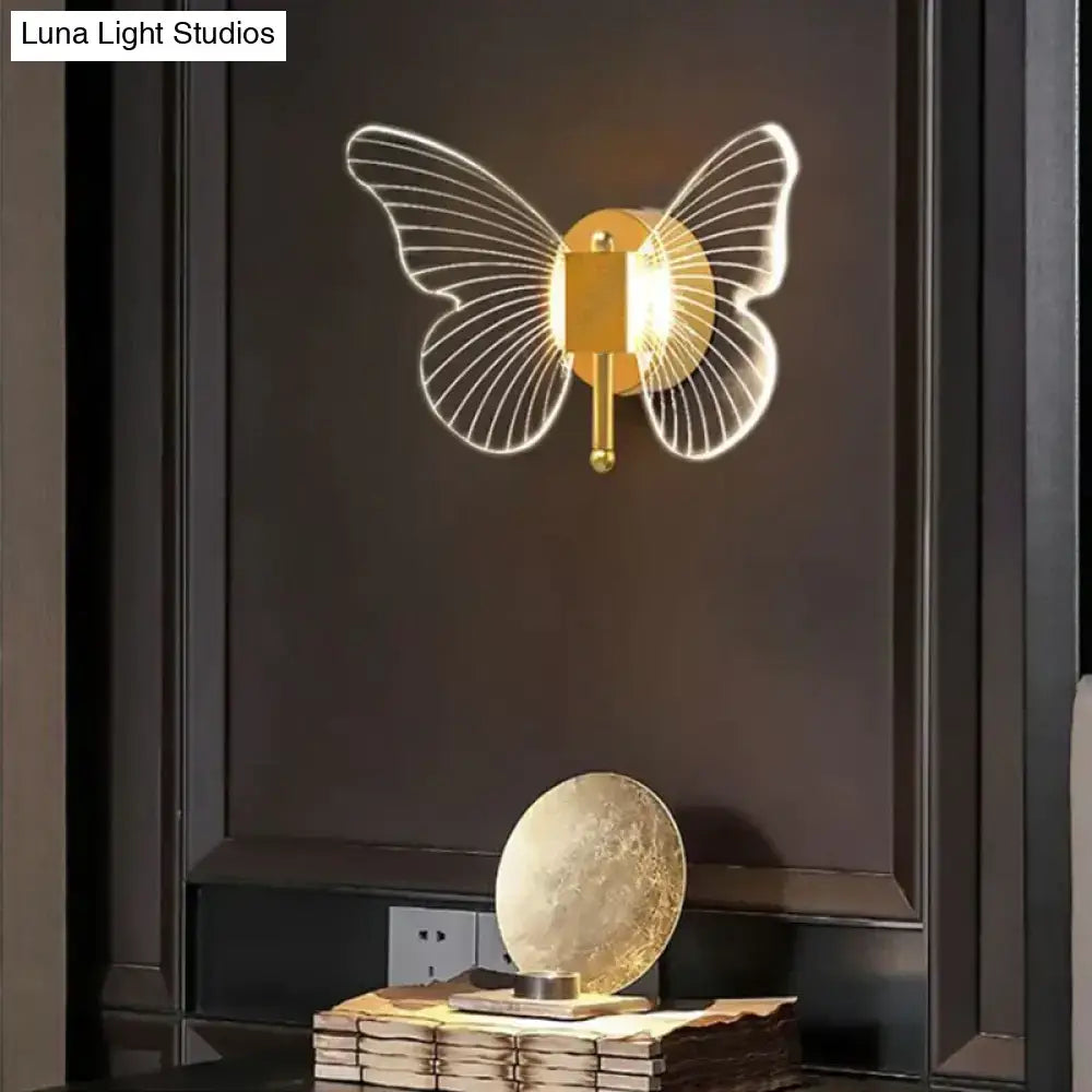 Modern nordic gold led butterfly wall lamp with gold-toned copper led butterfly design and illuminated translucent wings