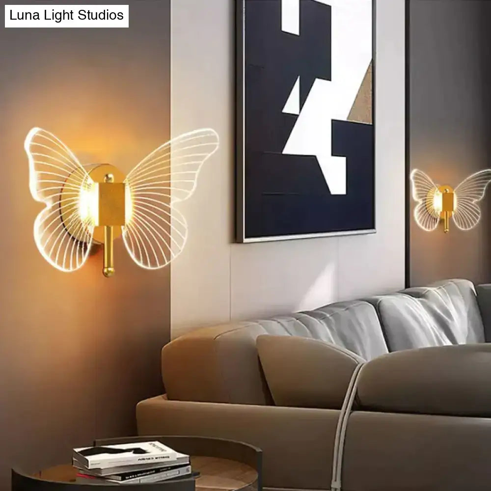 Modern Nordic gold led butterfly wall lamp with translucent illuminated wings for bedroom copper LED butterfly wall lamp