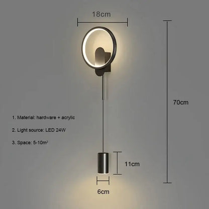 Modern nordic gold led wall light with a sleek black metal frame acrylic ring and adjustable hanging cylinder wall lamp decorbites gold led