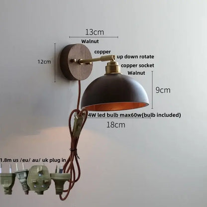 Modern nordic gray and walnut decorbites led wall sconce with dark matte metal dome and copper accents for bedroom lighting