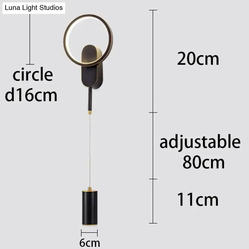 Modern nordic led wall lamp black gold circular sconce with adjustable hanging length for bedroom lighting