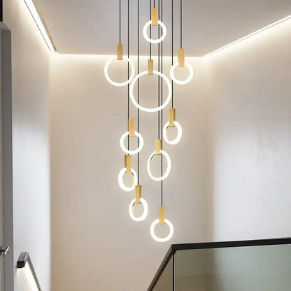 Modern nordic led wood stair chandelier with glowing circular rings and gold connectors by decorbites led wood decor