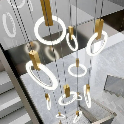 Modern nordic led wood stair chandelier with glowing white rings and gold fixtures for living room decorbites led wood lighting