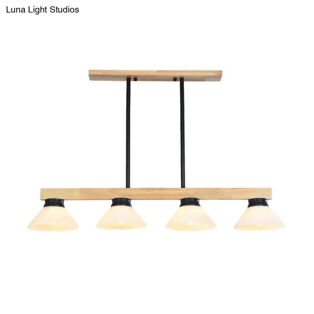 Decorbites nordic linear wood hanging light with natural wood frame black metal rods and four opal glass shades in gold black finish