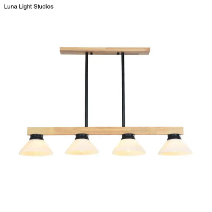 Decorbites nordic linear wood hanging light with natural wood frame black metal rods and four opal glass shades in gold black finish