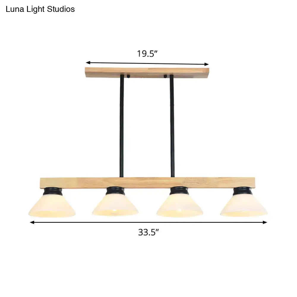 DecorBites™ nordic linear wood hanging light with natural wood frame, black rods, and four frosted opal glass shades