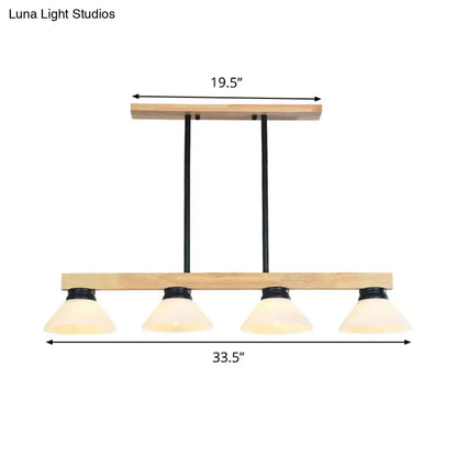 DecorBites™ nordic linear wood hanging light with natural wood frame, black rods, and four frosted opal glass shades