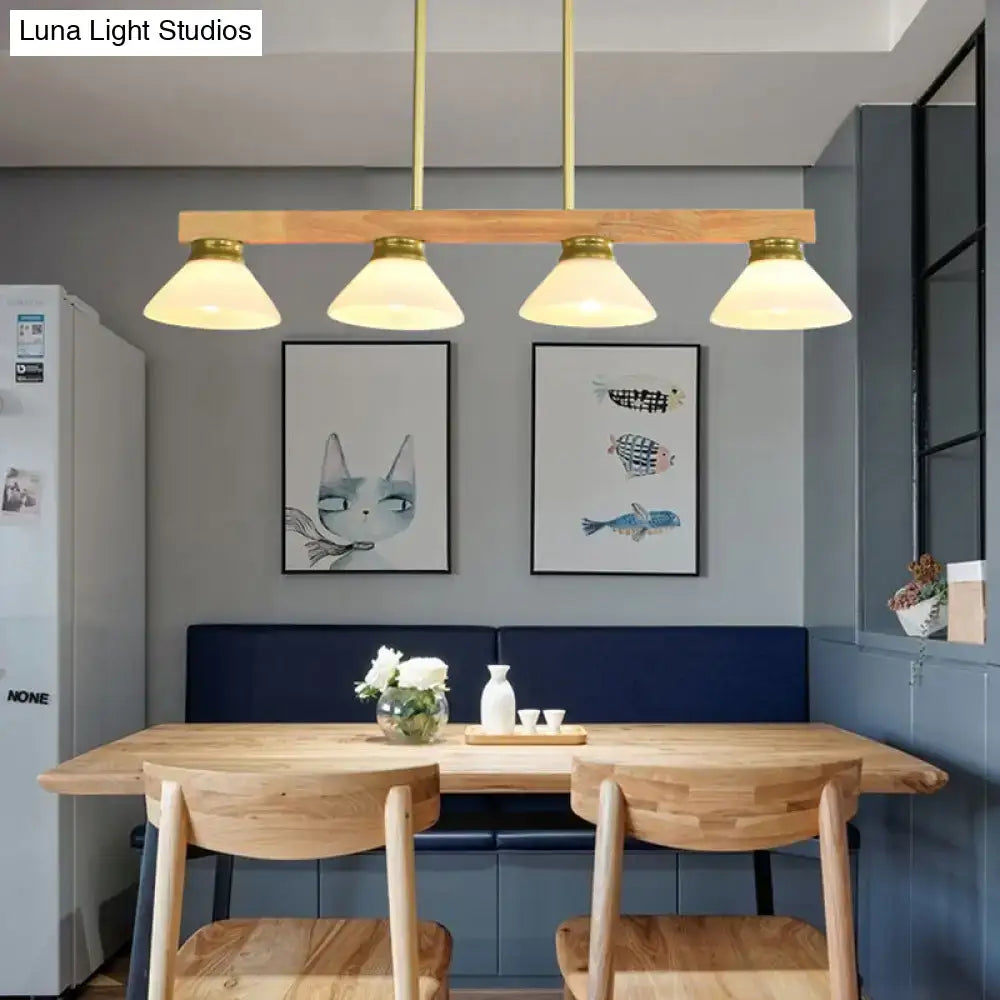 Decorbites nordic linear wood hanging light with four brass-finished shades and opal glass in gold and black finish