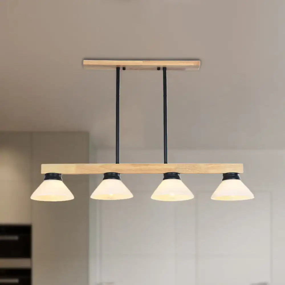 Modern farmhouse-style decorbites™ nordic linear wood hanging light with natural wood frame black rods and opal glass shades