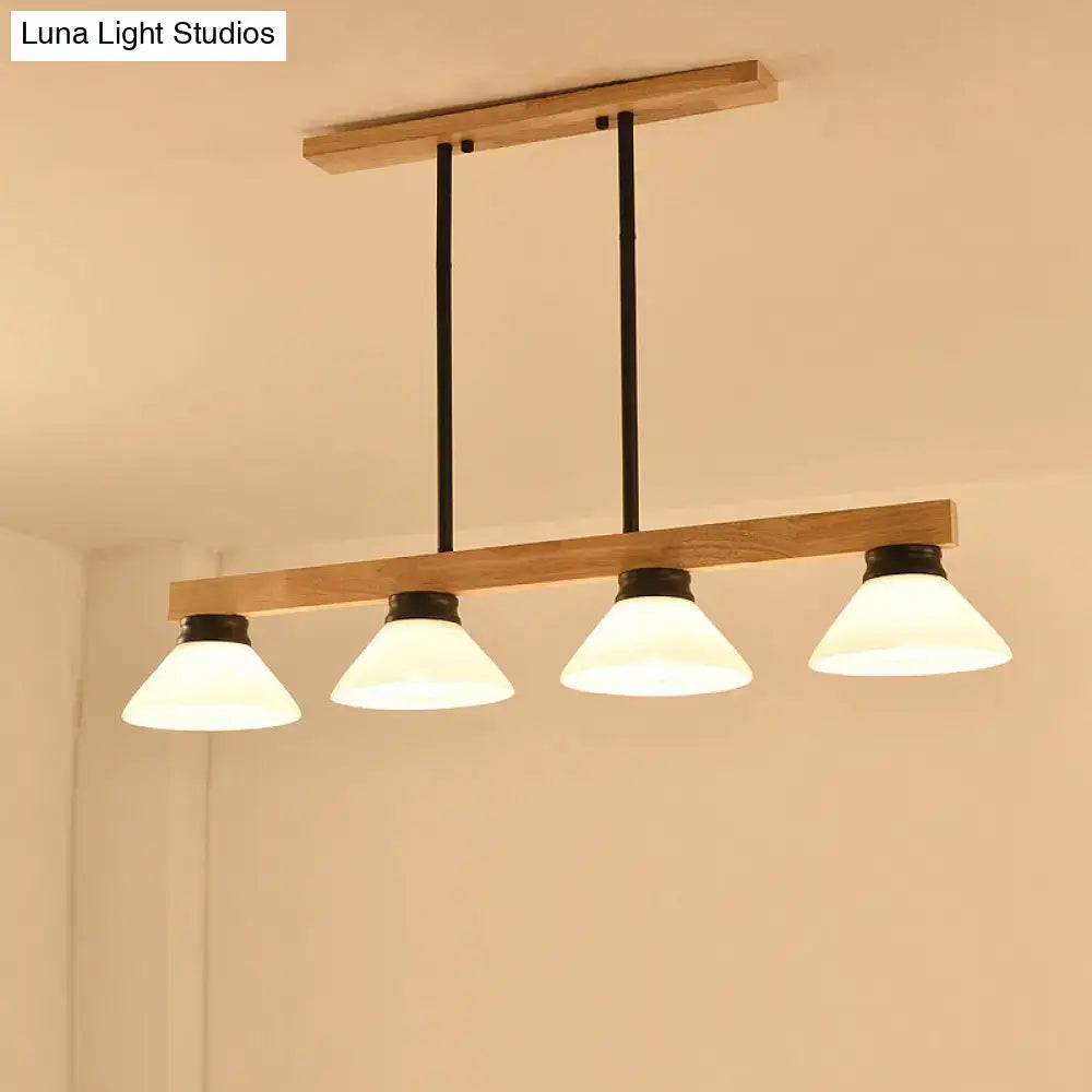 Decorbites™ nordic linear wood hanging light with four opal glass shades in gold and black metal frame