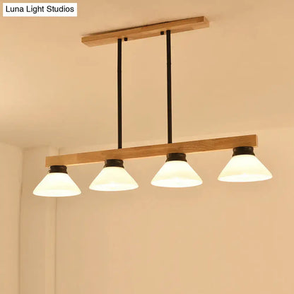 Decorbites™ nordic linear wood hanging light with four opal glass shades in gold and black metal frame