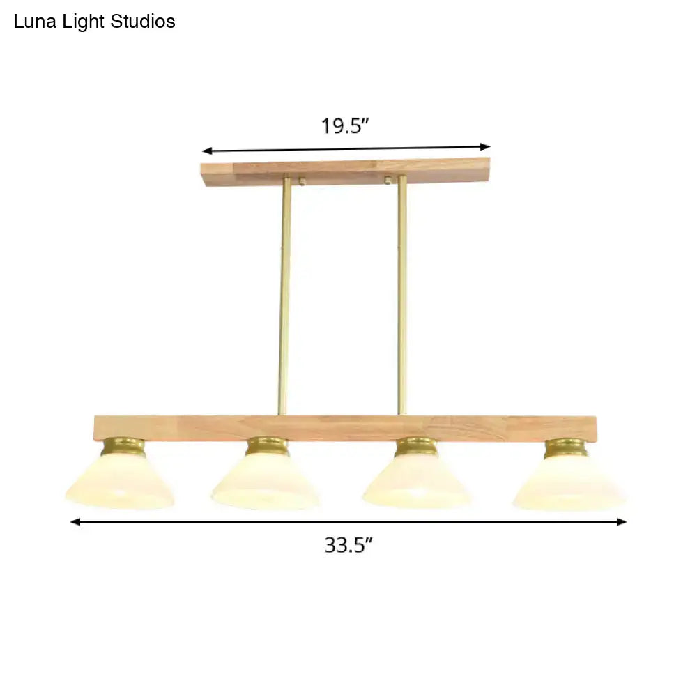 Decorbites nordic linear wood hanging light with natural wood frame brass accents and four opal glass shades in gold finish