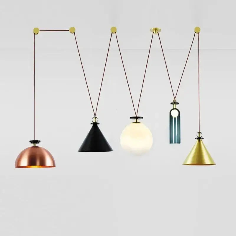 Set of five modern nordic multi color glass chandelier pendant lights with copper black white and gold shades by decorbites glass chandelier