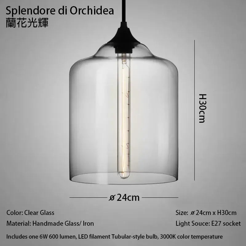 Clear glass pendant light with black iron fixture and exposed led filament bulb in modern nordic polished chrome style