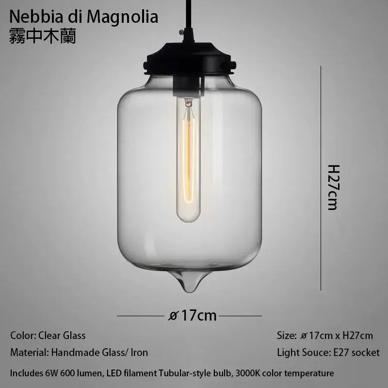 Modern Nordic polished chrome pendant light with clear glass, black iron top, and exposed led filament bulb